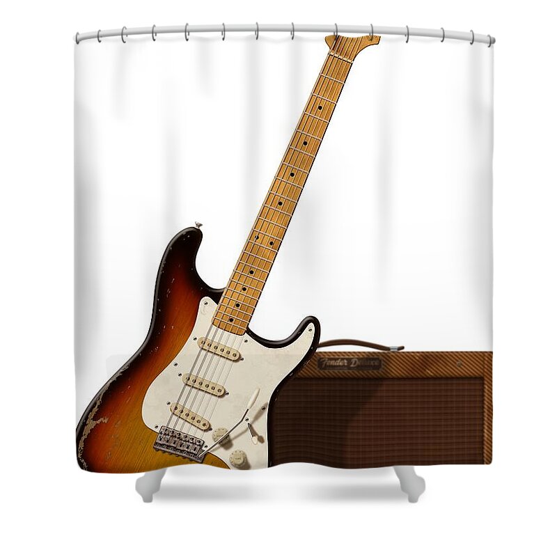 Strat Shower Curtain featuring the digital art Strat and Tweed Amp by WB Johnston