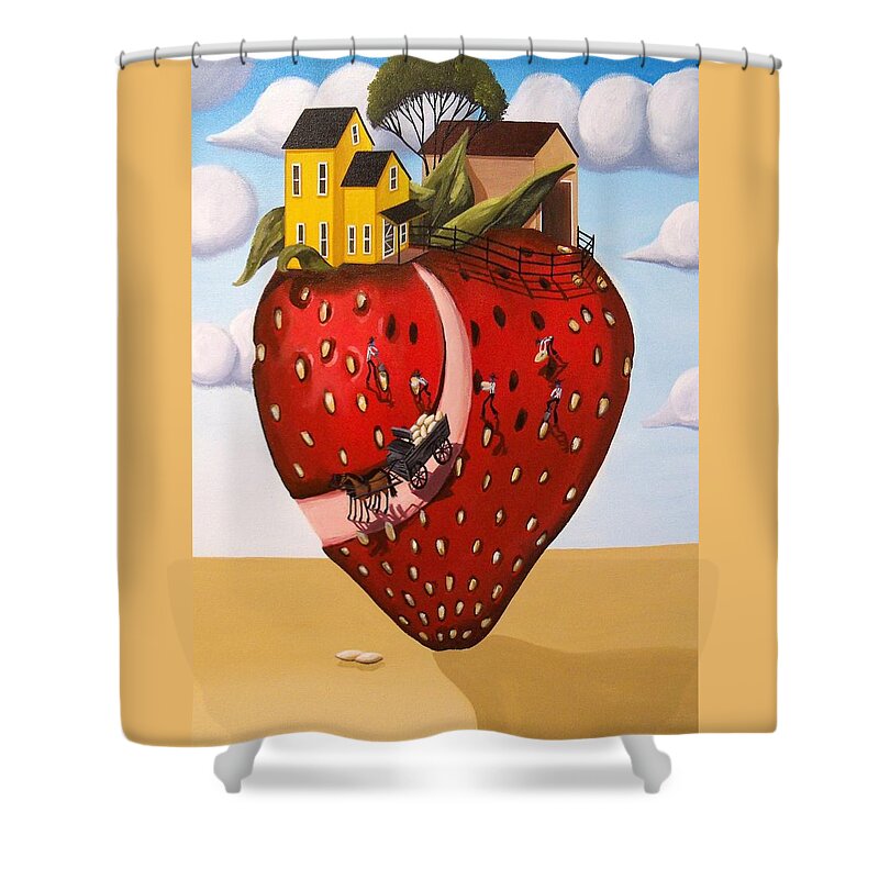 Art Shower Curtain featuring the painting Strawberry Fields - surreal farm landscape by Debbie Criswell