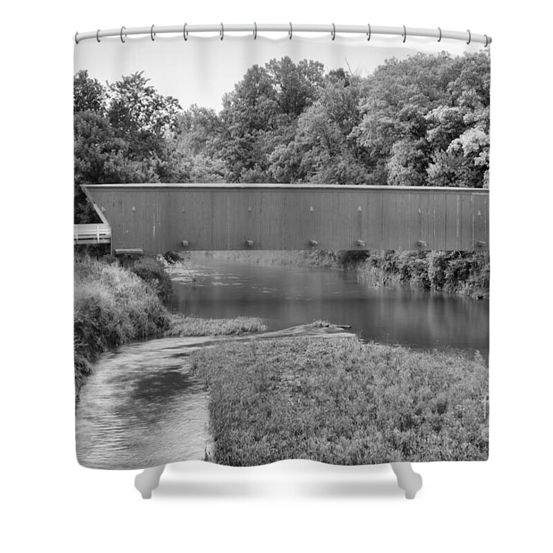 Hogback Covered Bridge Shower Curtain featuring the photograph Streams Under The Hogback Covered Bridge Black And White by Adam Jewell