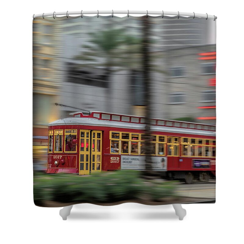 New Orleans Shower Curtain featuring the photograph Street Car Flying Down Canal by Susan Rissi Tregoning