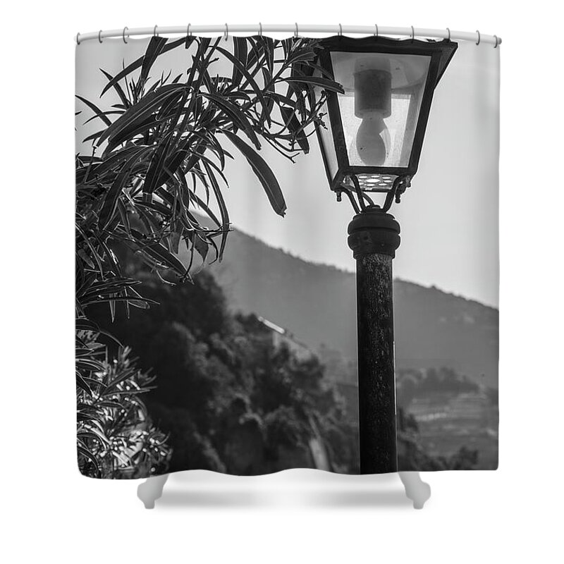 Cinque Terre Shower Curtain featuring the photograph Street Light in Cinque Terre by John McGraw
