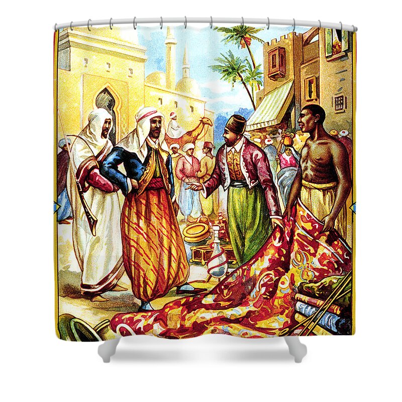 Arab Market Shower Curtain featuring the mixed media Street Scene in an Arab City - Arab Market - Persian Merchants - Vintage Advertising Poster by Studio Grafiikka