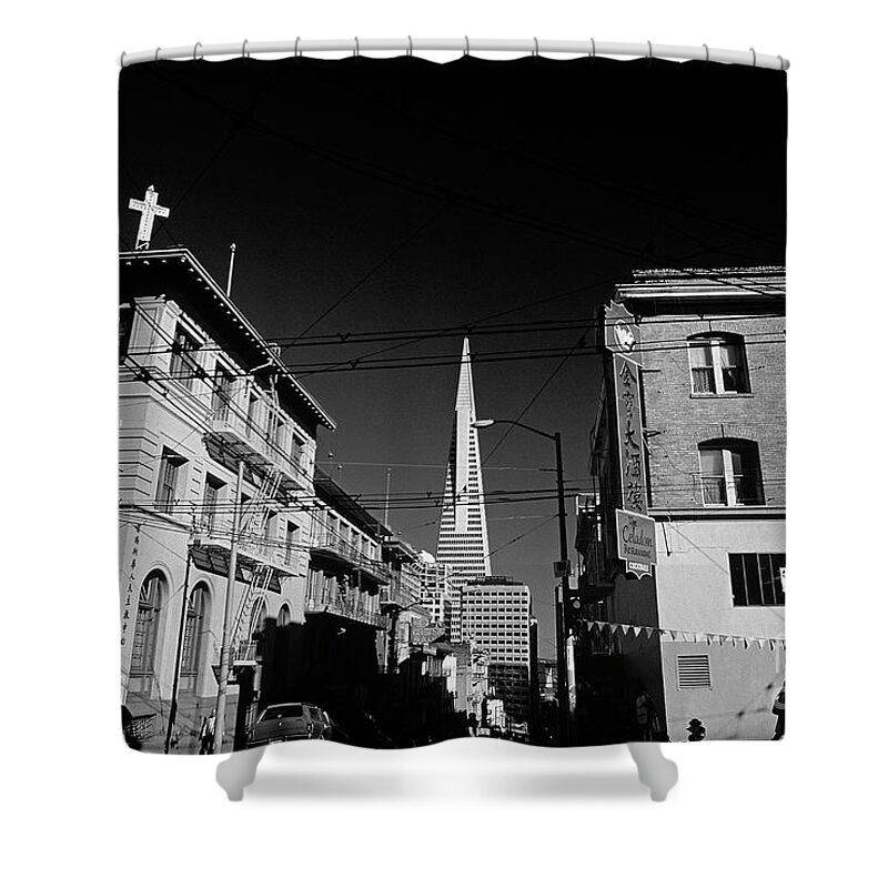 Travel Shower Curtain featuring the photograph Street Scene with TransAmerica Pyramid from Chinatown by Jim Corwin