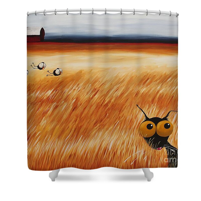 Stressie Cat Shower Curtain featuring the painting Stressie Cat and crows in the hay fields by Lucia Stewart