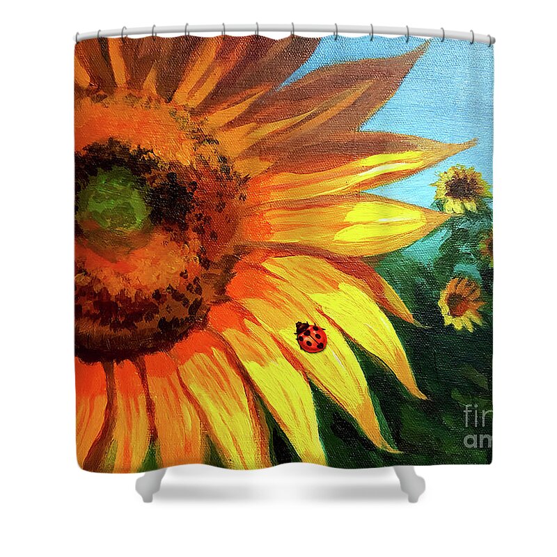 Sunflower Shower Curtain featuring the painting Striking Sunflower by Yoonhee Ko