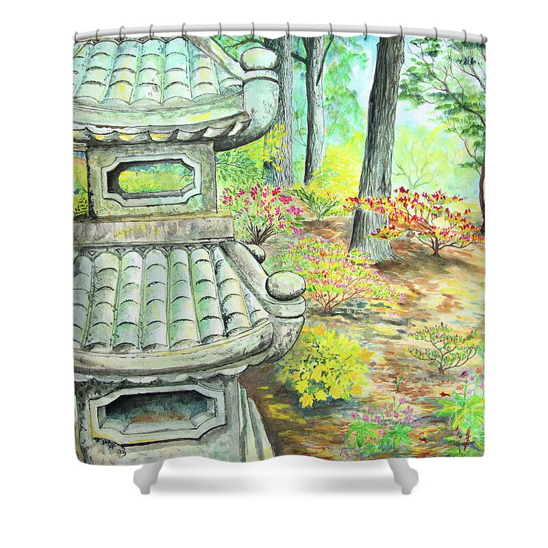 Japanese Shower Curtain featuring the painting Strolling through the Japanese Garden by Nicole Angell