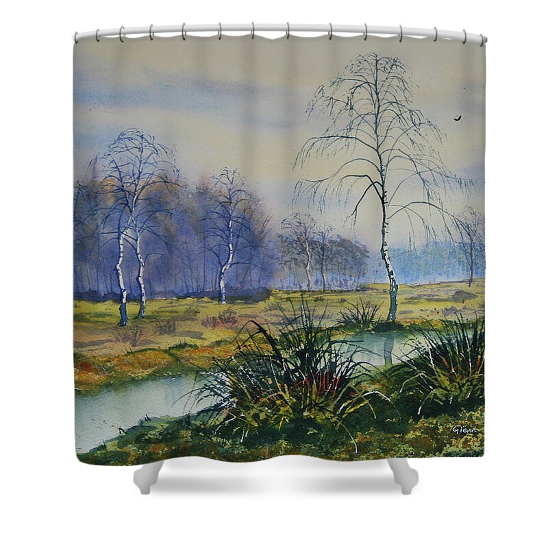 Glenn Marshall Yorkshire Artist Shower Curtain featuring the painting Stream in Flood on Strensall Common by Glenn Marshall