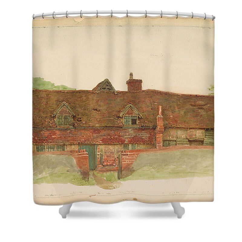 Kate Greenaway 1846-1901 Study Of A Long Cottage With Dormer Windows And Tiled Upper Wall. Beautiful House Shower Curtain featuring the painting Study of a Long Cottage with Dormer Windows by MotionAge Designs