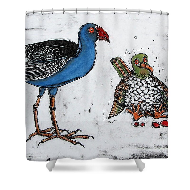Pukekoe Shower Curtain featuring the mixed media Study of a Pukekoe and a Drunken New Zealand Wood Pigeon by Pamela Iris Harden
