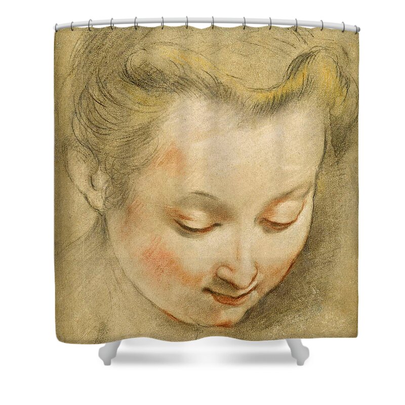 Federico Barocci Shower Curtain featuring the drawing Study of the Head of a Young Woman looking down to the Right by Federico Barocci
