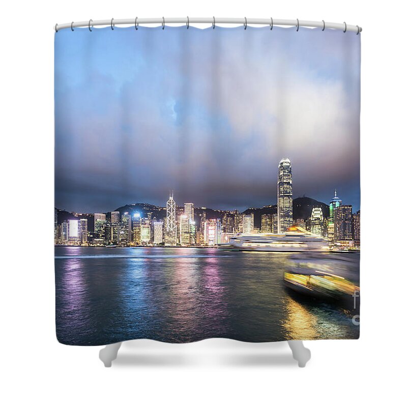 Central - Hong Kong Shower Curtain featuring the photograph Stunning view of Hong Kong island at night. by Didier Marti