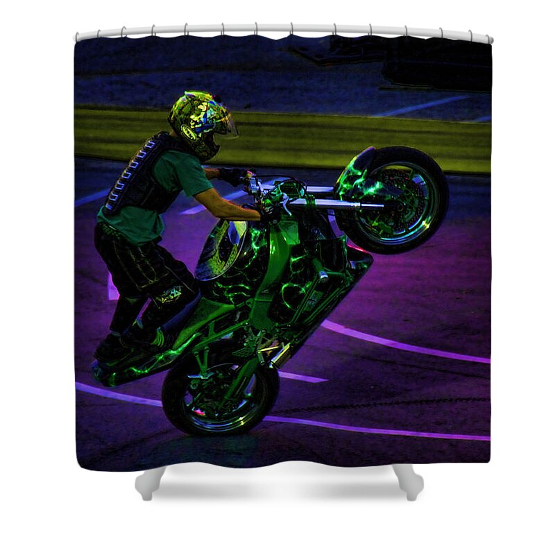 Motorcycle Shower Curtain featuring the photograph Stunting 2 by Lawrence Christopher