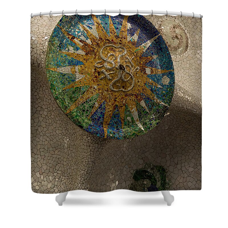 Antonio Gaudis Shower Curtain featuring the photograph Stylized Sun - Antoni Gaudi Ceiling Medallion at Hypostyle Room in Park Guell - Left Vertical by Georgia Mizuleva