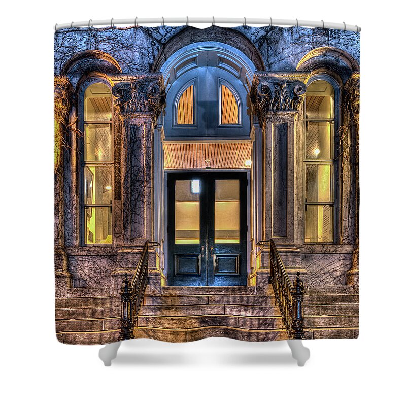 Su Shower Curtain featuring the photograph SU Hall of Languages Doors by Rod Best