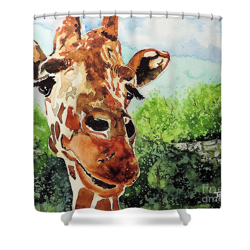 Giraffe Shower Curtain featuring the painting Such a Sweet Face by Tom Riggs