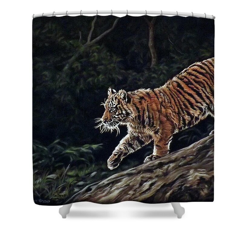 Animal Shower Curtain featuring the pastel Sumatran cub by Linda Becker