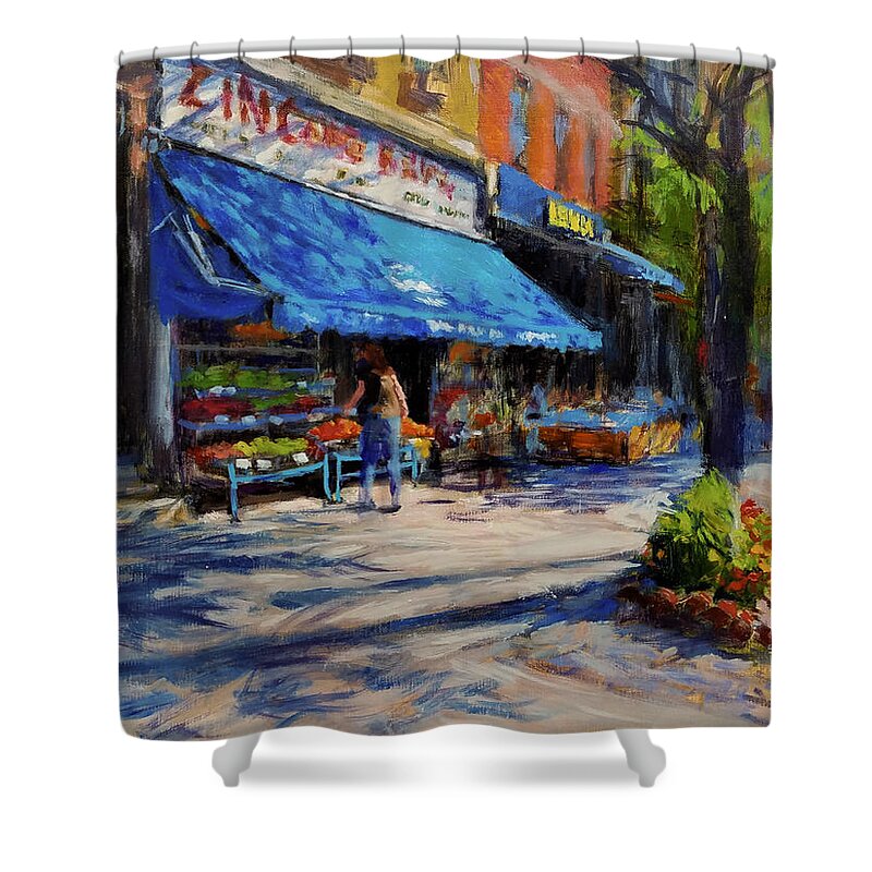 Family Business Shower Curtain featuring the painting Summer Afternoon, Columbus Avenue by Peter Salwen