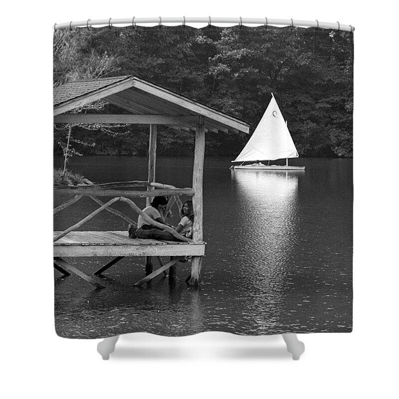 Summer Camp Shower Curtain featuring the photograph Summer Camp Black and White 1 by Michael Fryd