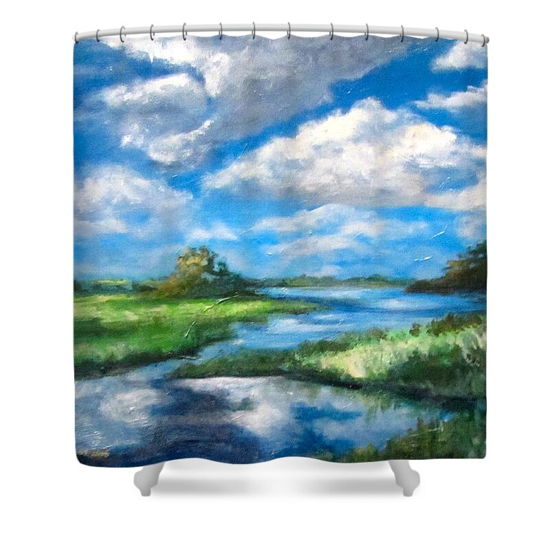 Sky Shower Curtain featuring the painting Summer Clouds by Barbara O'Toole