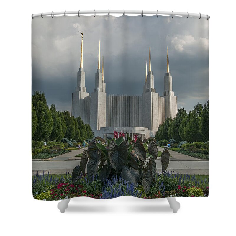 Architecture Shower Curtain featuring the photograph Summer day at the LDS by Brian Green