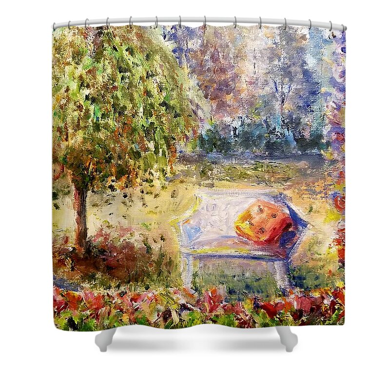 Summer Shower Curtain featuring the painting Summer Day in the Garden by Bernadette Krupa