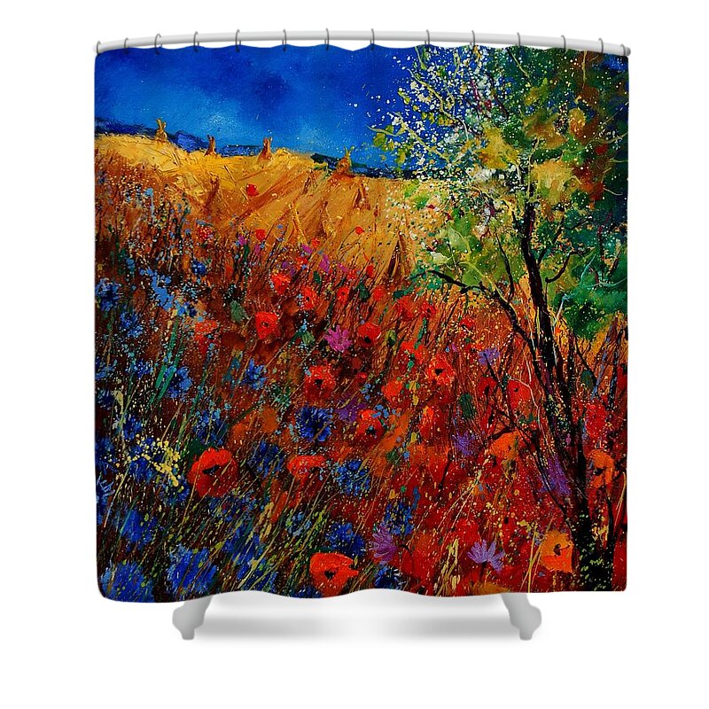 Flowers Shower Curtain featuring the painting Summer landscape with poppies by Pol Ledent