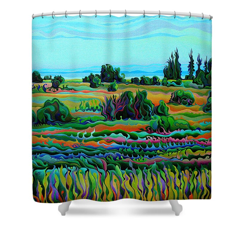 Summer Shower Curtain featuring the painting Summer Meadow Dance by Amy Ferrari