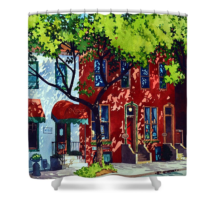 #watercolor #landscape #cityscape #streetscene #shadows #summer #painting #frederick #frederickmd Shower Curtain featuring the painting Summer Shadows by Mick Williams