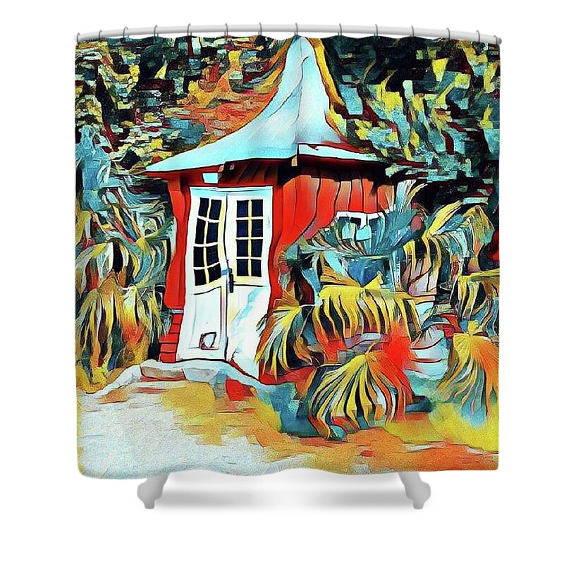 Small Cabin Shower Curtain featuring the mixed media Summerhouse by Susanne Baumann