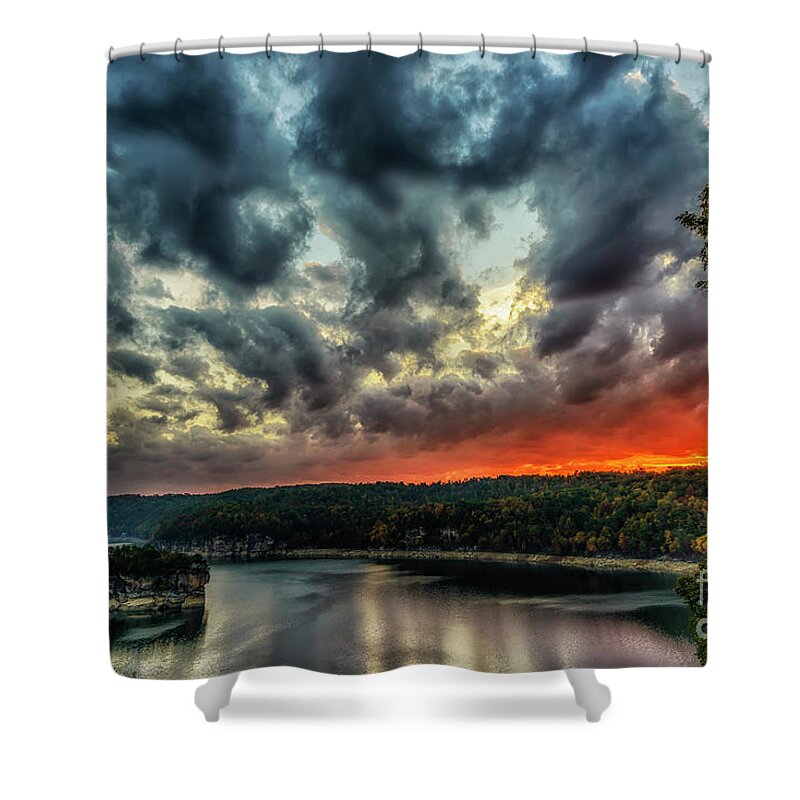 Autumn Shower Curtain featuring the photograph Summersville Lake Fiery Sunrise by Thomas R Fletcher