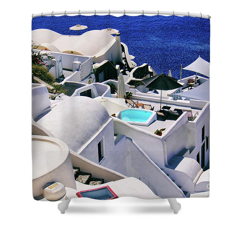 Summertime Shower Curtain featuring the photograph Summertime in Santorini by Mariola Bitner
