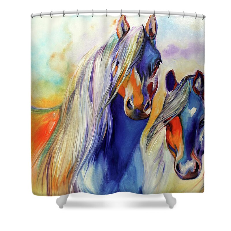Marcia Shower Curtain featuring the painting SUN and SHADOW EQUINE ABSTRACT by Marcia Baldwin