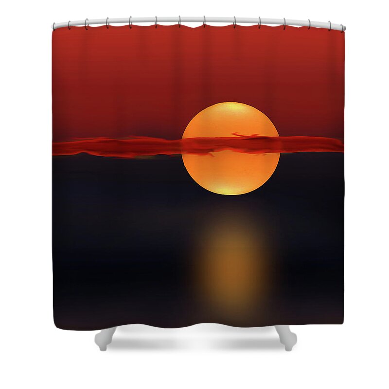 Abstract Shower Curtain featuring the digital art Sun on Red and Blue by Deborah Smith
