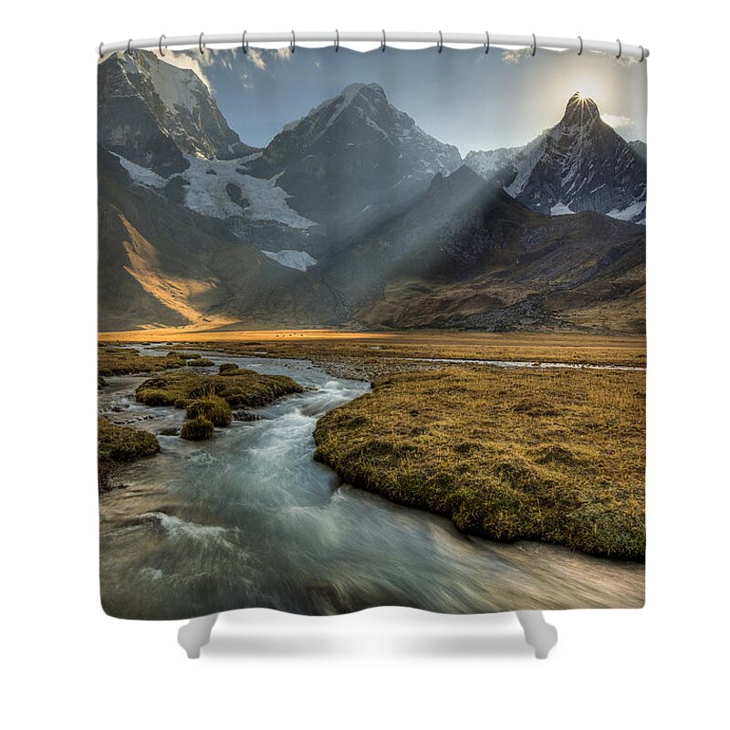 00498205 Shower Curtain featuring the photograph Sun Setting Behind Jirishanca Peak by Colin Monteath