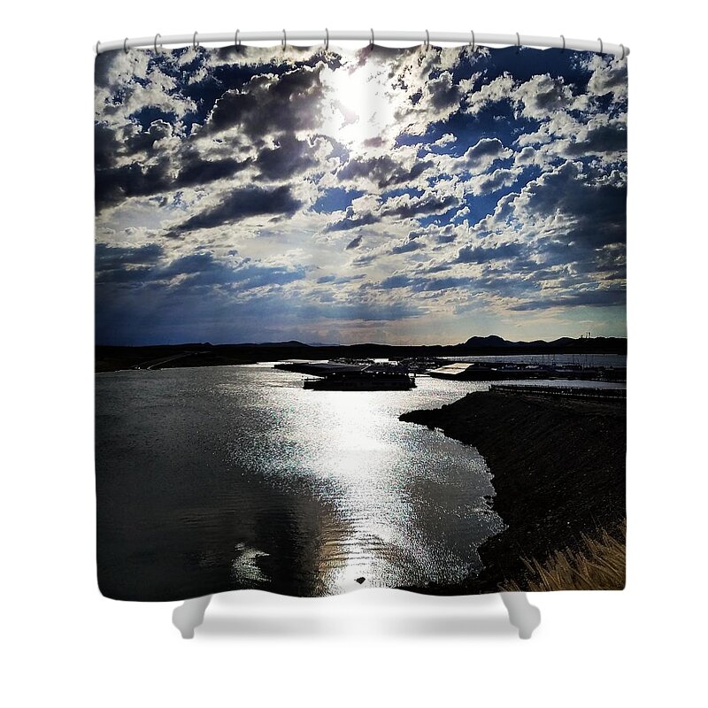 Sun Shower Curtain featuring the photograph Sun Through the Dark Clouds Over the Bay by Vic Ritchey