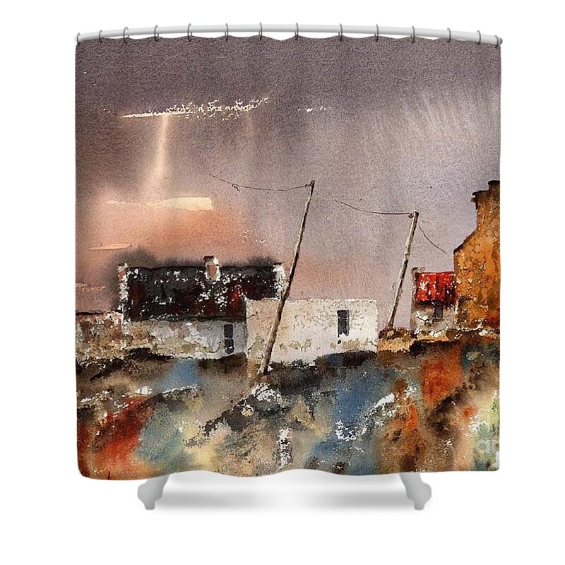 Val Byrne Shower Curtain featuring the painting Sunburst over Dugort, Achill by Val Byrne