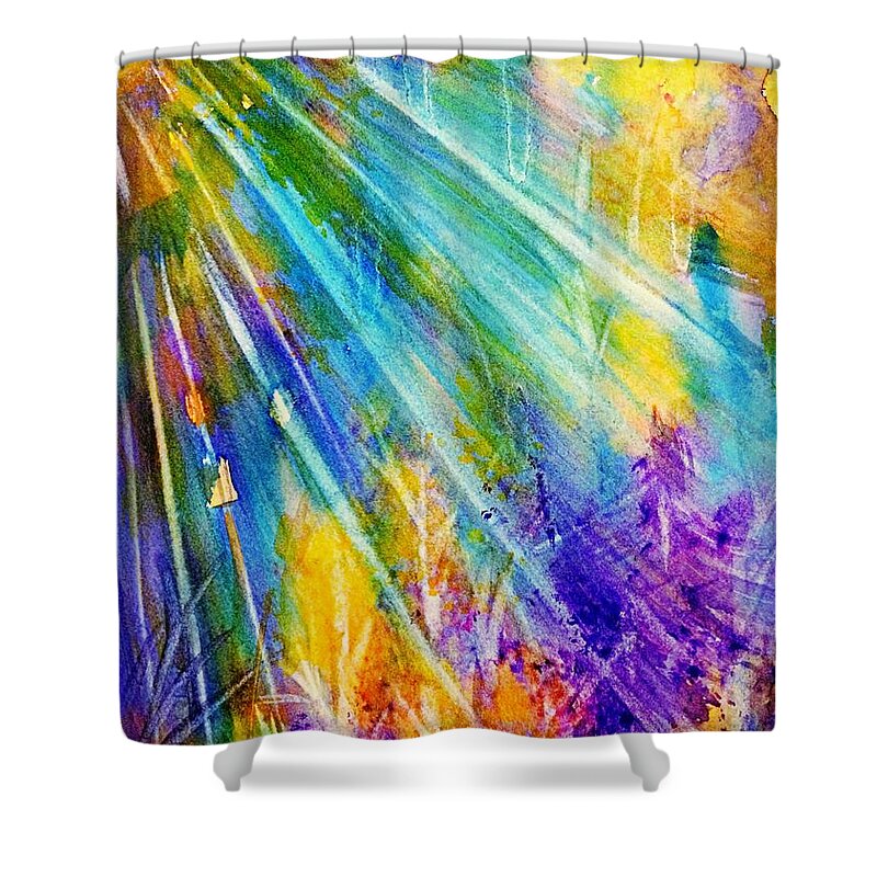 Forest Shower Curtain featuring the painting Psychedelic Forest Sunburst by Ellen Levinson