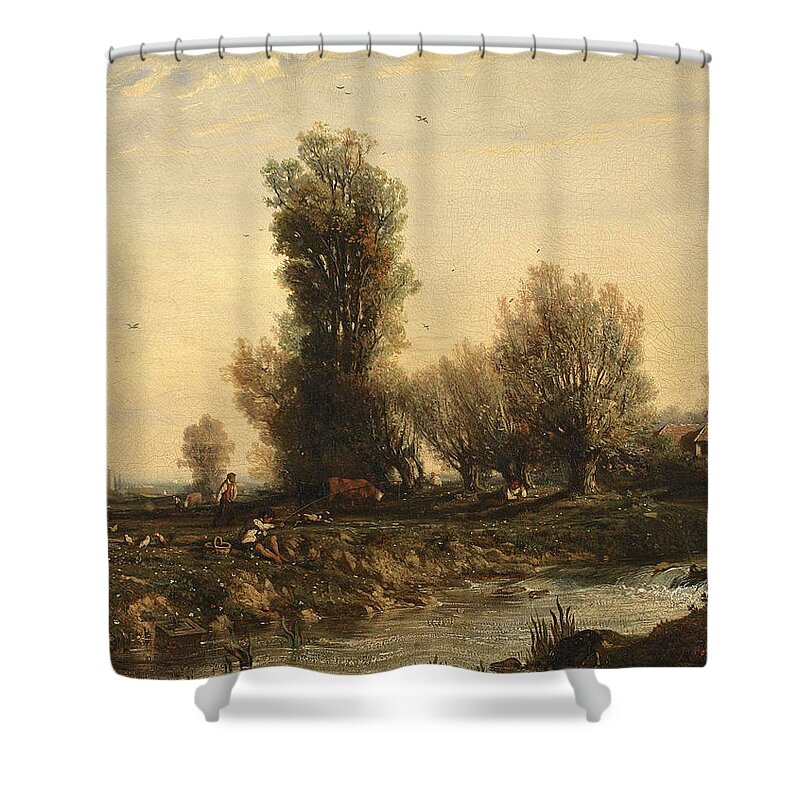 Nicolas-louis Cabat Shower Curtain featuring the painting Sunday in the country by Nicolas-Louis Cabat