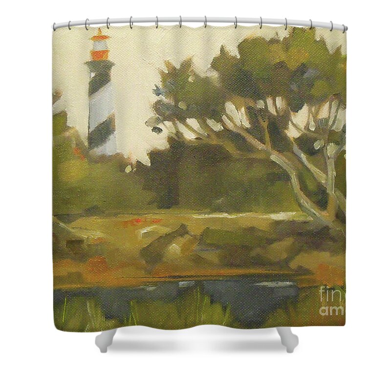 Lighthouse Shower Curtain featuring the painting Sunday Lighthouse by Mary Hubley