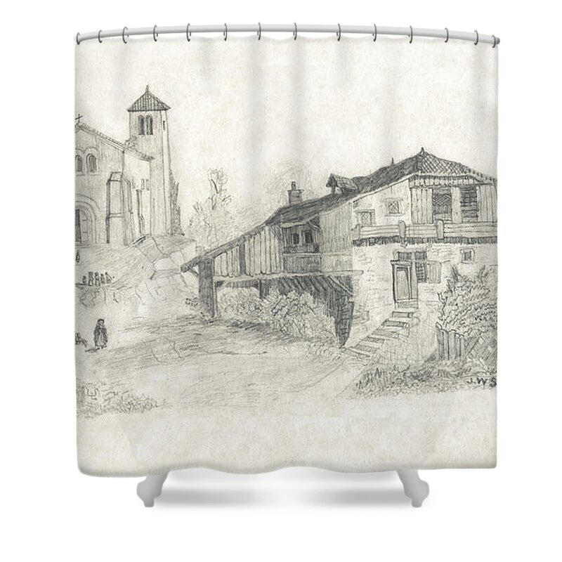 England Shower Curtain featuring the drawing Sunday Service - no borders by Donna L Munro
