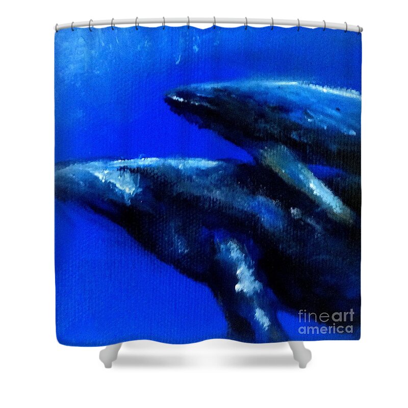 Whales Shower Curtain featuring the painting Sunday Swim by Fred Wilson