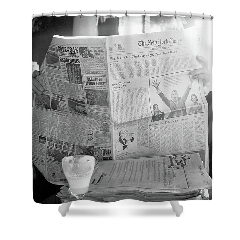 Black And White Shower Curtain featuring the photograph Sunday Times and Irish Coffee by Frank DiMarco