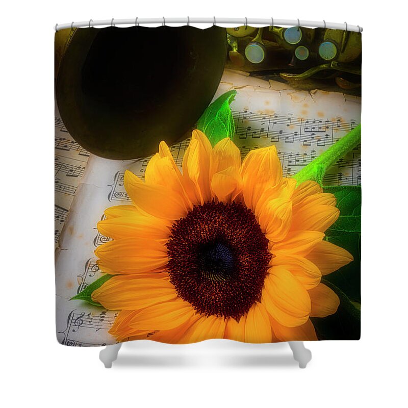 One Shower Curtain featuring the photograph Sunflower And Saxophone by Garry Gay