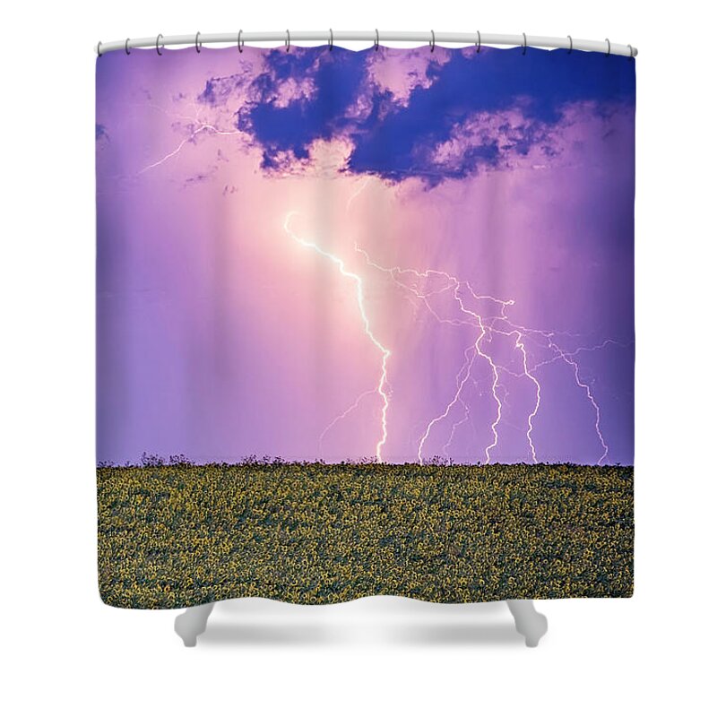Lightning Shower Curtain featuring the photograph Sunflower Field Thunderstorm by James BO Insogna