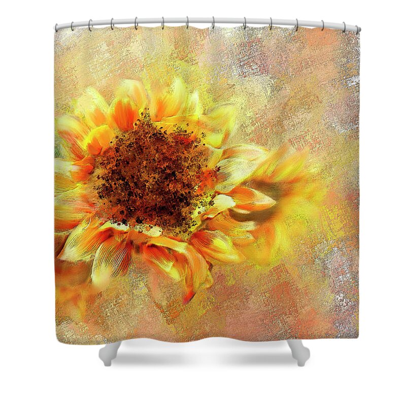 Sunflowers Shower Curtain featuring the mixed media Sunflower On Fire by Mary Timman