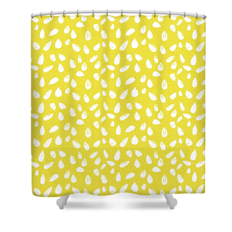 Yellow Shower Curtain featuring the mixed media Sunflower Seeds- Art by Linda Woods by Linda Woods