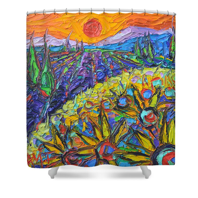 Sunflower Shower Curtain featuring the painting SUNFLOWERS AND LAVENDER FIELDS AT SUNSET 9 impressionist knife oil painting by Ana Maria Edulescu by Ana Maria Edulescu