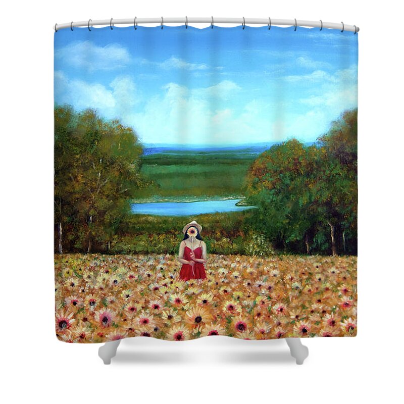 Landscape Shower Curtain featuring the painting Sunflowers at Lake Wallenpaupack by Leonardo Ruggieri