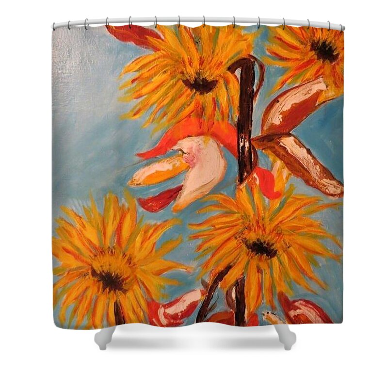 Abstract Sunflowers Tuscan Provence Summer Fall Harvest Flowers Joyful Gold Brown Blue Magenta Shower Curtain featuring the painting Sunflowers At Harvest by Sharyn Winters