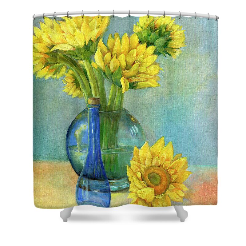 Still Life Shower Curtain featuring the painting Sunflowers in a Glass Vase Number Two by Marlene Book